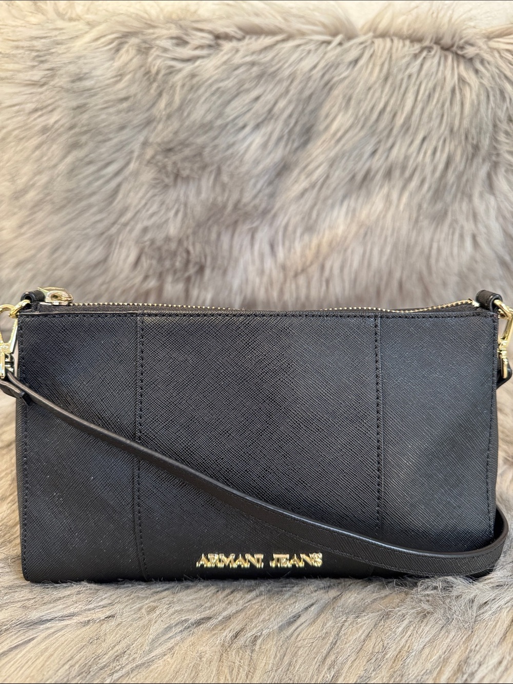 Armani Jeans Black Leather Crossbody Clutch with Gold Logo
